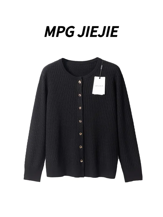 MPG JIEJIE【腔调开衫】25春秋长袖时尚休闲黑色格子圆领针织衫