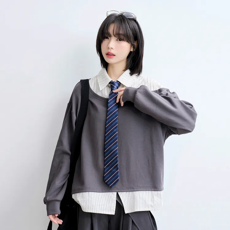 万有引力博物馆设计感假两件条纹衬衫领长袖T恤女春秋款宽松上衣