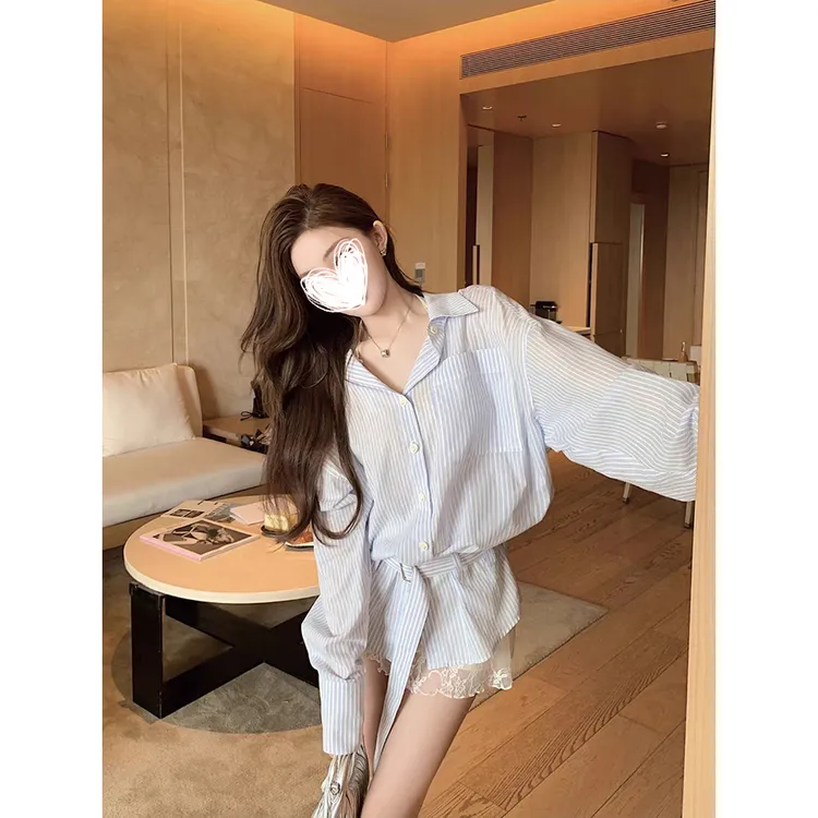 FRVXO轻柔蕾丝条纹衬衫套装女春季新款通勤显瘦百搭气质两件套