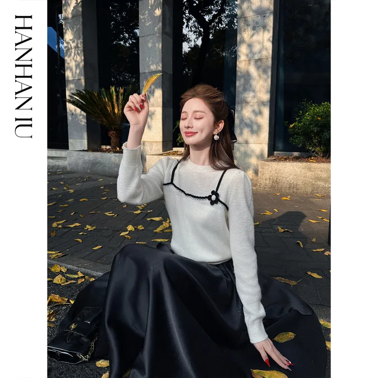 韩韩IU【韩女范本】绵羊毛羊驼毛混纺手工立体钩织花朵女士圆领毛衣