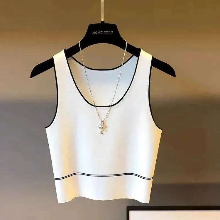 欧货小香风夏季外穿无袖针织吊带背心女打底短款条纹内搭冰丝上衣