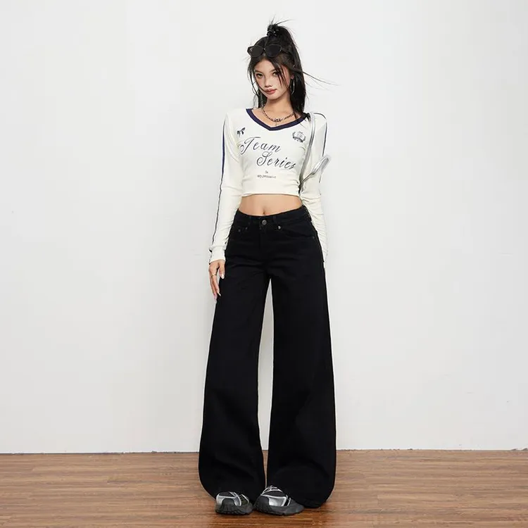 KRO美式黑色直筒牛仔裤女宽松垂感显瘦直筒牛仔裤拖地裤长裤加长