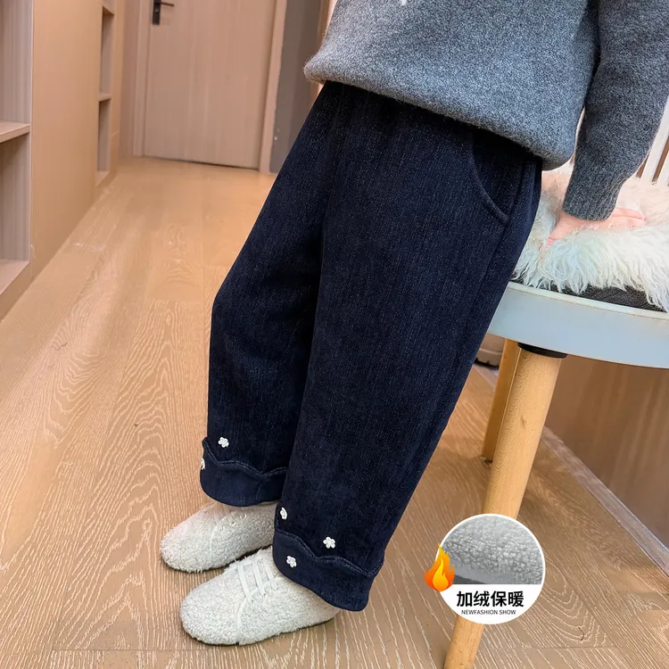 新款儿童冬季韩版加厚牛仔裤女宝宝一体绒直筒长裤加绒裤子洋气