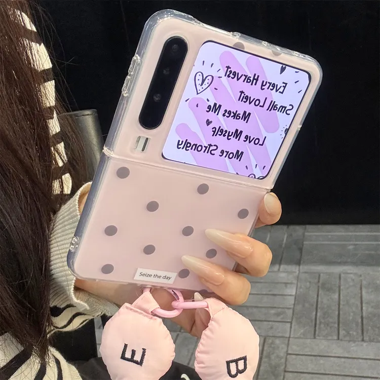 适用华为purax典藏版折叠屏手机壳PuraX粉底灰色波点英文羽绒手绳
