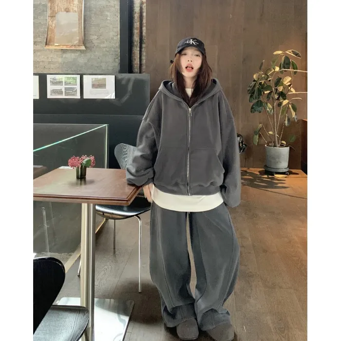 休闲套装复古加厚连帽卫衣外套女2025秋冬新款宽松阔腿长裤两件套
