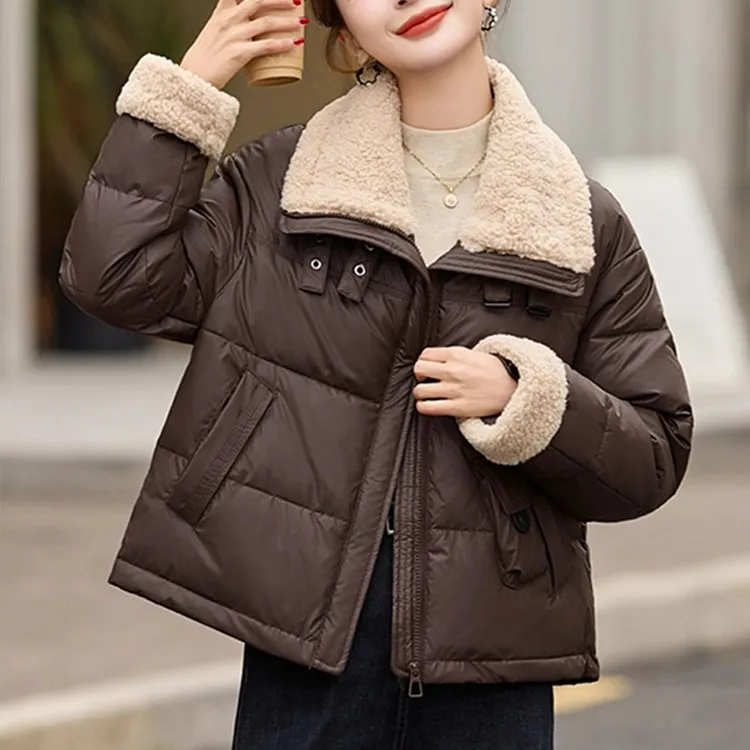 纯色拼接高级感百搭棉服女2025冬季新款小众洋气通勤显瘦潮流外套