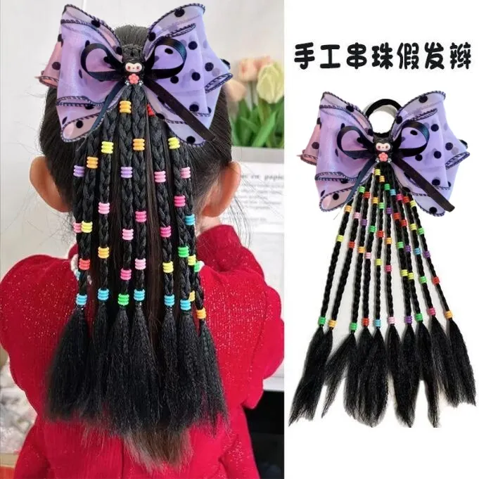 库洛米蝴蝶结辫子马尾假发女童可爱麻花辫12辫手工辫舞台表演假发