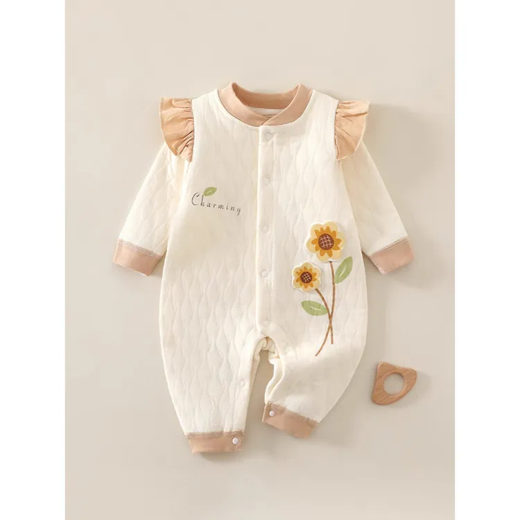 婴儿连体衣秋冬款三层保暖外出服夹棉打底内衣宝宝薄棉衣服秋飞袖