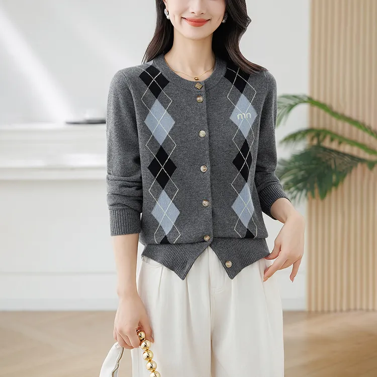 春秋复古慵懒风百搭菱格羊毛针织衫女114-6837
