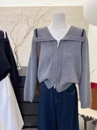 5008大码女装韩系双拉链减龄针织衫显瘦翻领拼色毛衣外套上衣