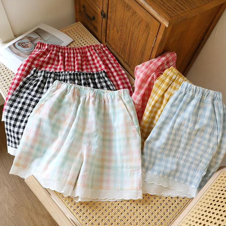2025新款纯棉格子蕾丝花边睡裤女短裤夏季薄款甜美风家居裤可外穿