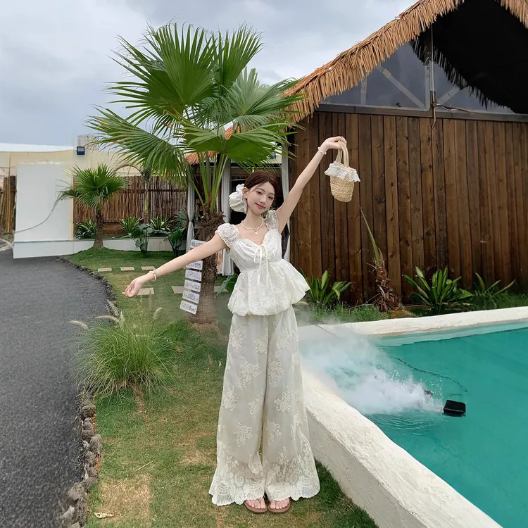 法式系带显瘦花苞蕾丝衫高腰阔腿休闲长裤2025夏季新款时尚套装女