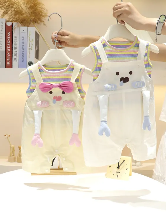 卡通小猪婴幼儿童夏季短袖背带裤套装宝宝短袖背带裤两件套外出服