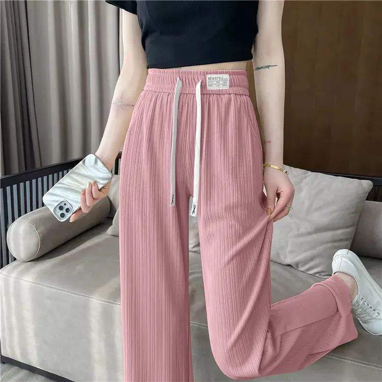 有口袋冰丝阔腿裤女2025新款夏季薄垂感直筒裤显瘦休闲裤拖地裤