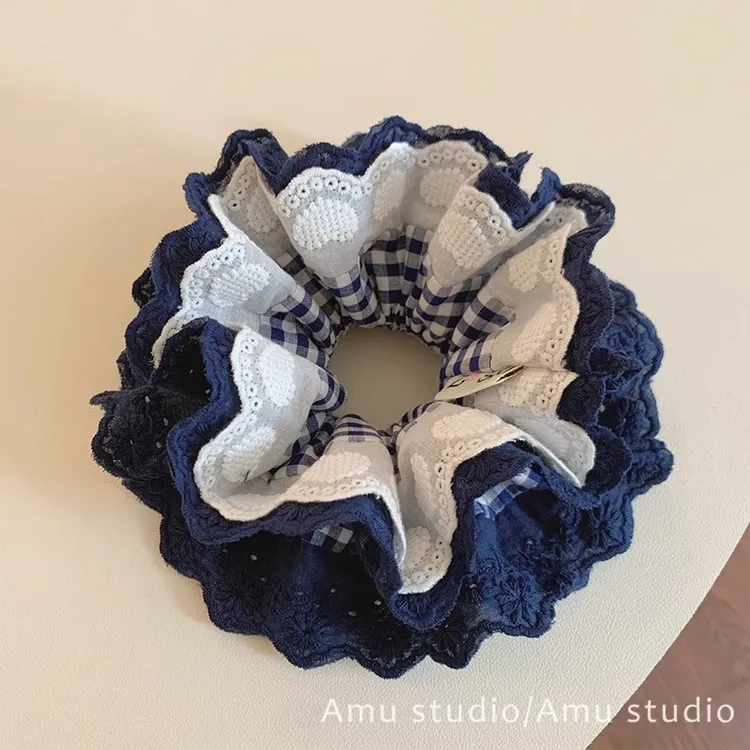 藏青格纹爱心蕾丝花边双层大肠发圈女扎头发丸子头发绳低马尾头绳