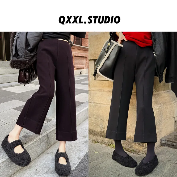 邱小小丽呀 冬季新款复古加厚毛呢阔腿裤女宽松百搭九分直筒裤子