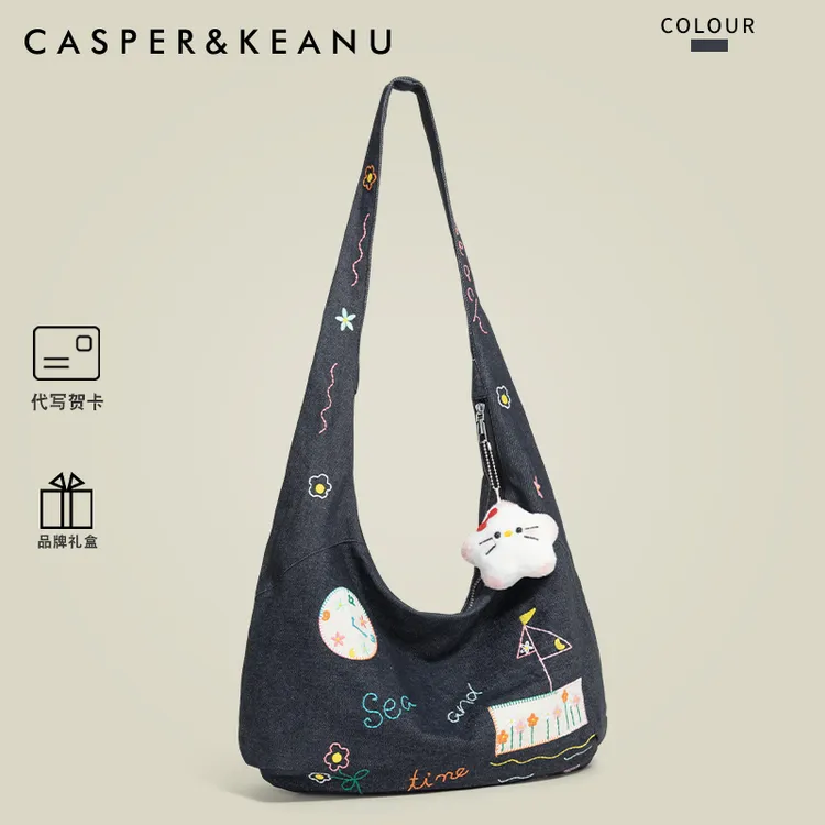 CASPER&KEANU原创文艺刺绣牛仔布托特包女2025新款百搭通勤斜挎包