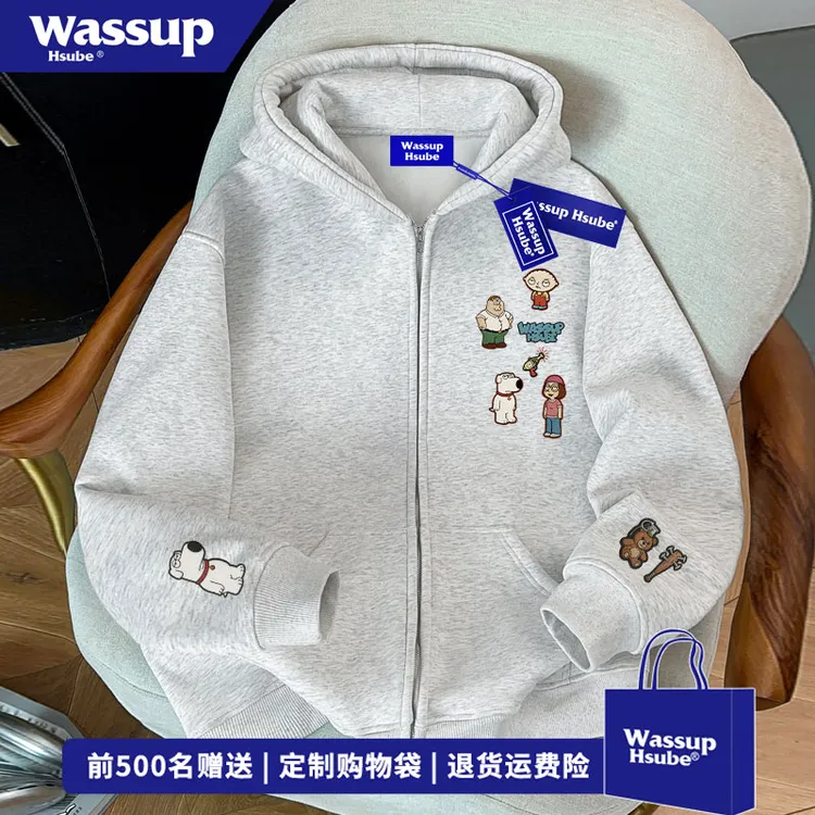 WASSUP HSUBE 秋冬季潮牌百搭连帽外套日系动漫图案印花开衫卫衣