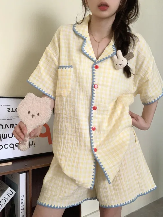 新款短裤夏天撞色高级感夏季格子家居服套装夏季简约风短袖睡衣