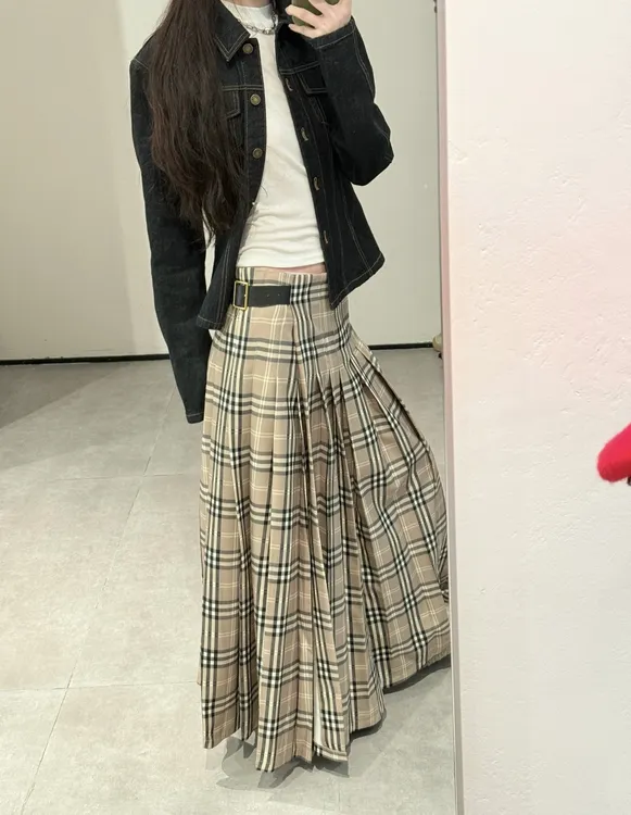 望野集WIdset易梦玲同款百褶格子半身裙时尚低腰A字女长裙子9151#