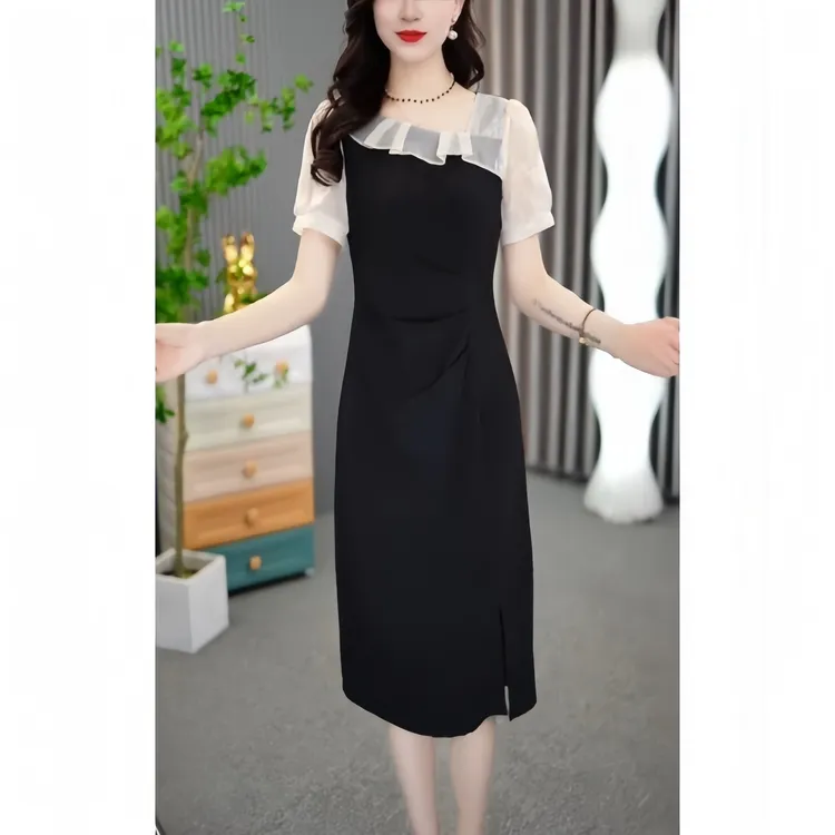 2025夏季新款时尚法式显瘦设计感斜领拼接中长款短袖休闲连衣裙子