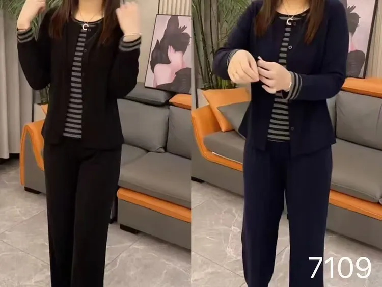 7109-两件套（假两件衫+阔腿裤}设计感大码套