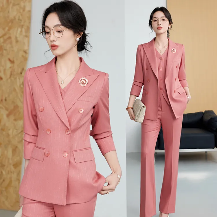 高级感粉色西装套装女职业装简约通勤双排扣马甲正装西服工作服