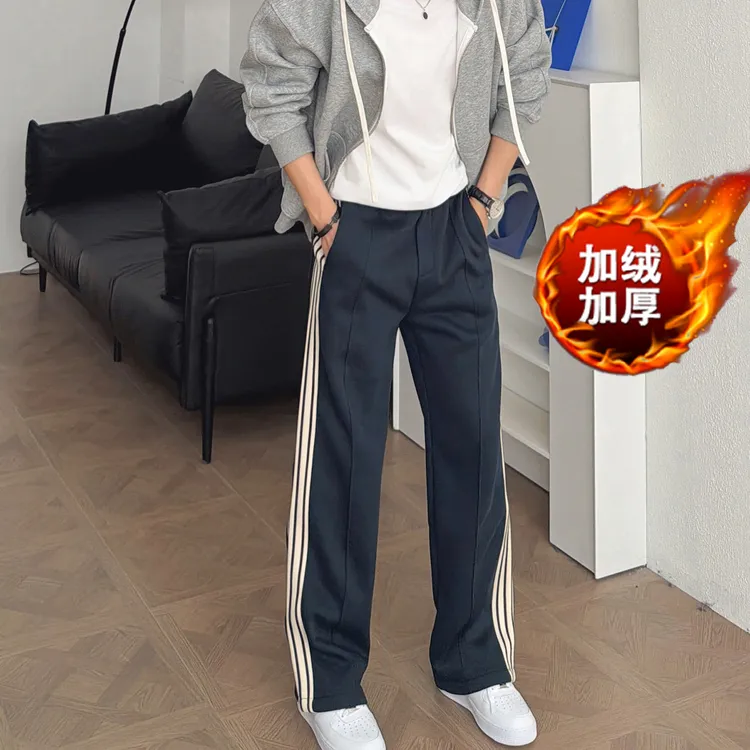 渣渣鹿冬季加绒加厚侧边条纹直筒卫裤男休闲阔腿裤潮流感运动长裤