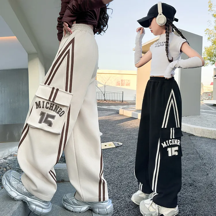 女童裤子春秋款中大童白色休闲工装裤儿童春季街舞蹈潮酷阔腿卫裤