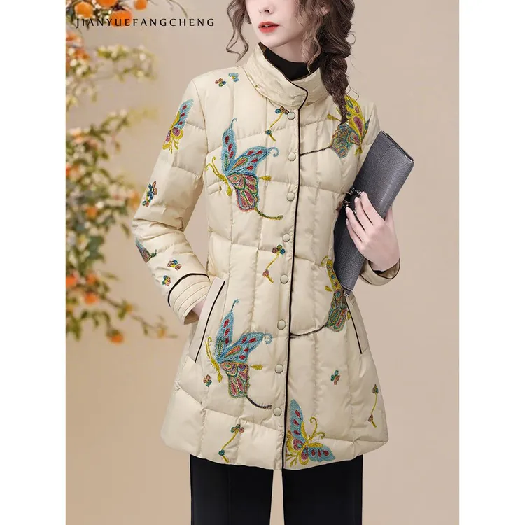 YIHUI伊卉羽绒服女冬季90白鸭绒绣花保暖加厚中国风WG256866