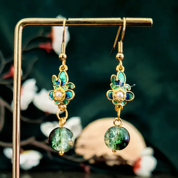 多吉米 合金耳饰 碧影花垂绿新中式原创高级感耳环耳夹耳饰配汉服