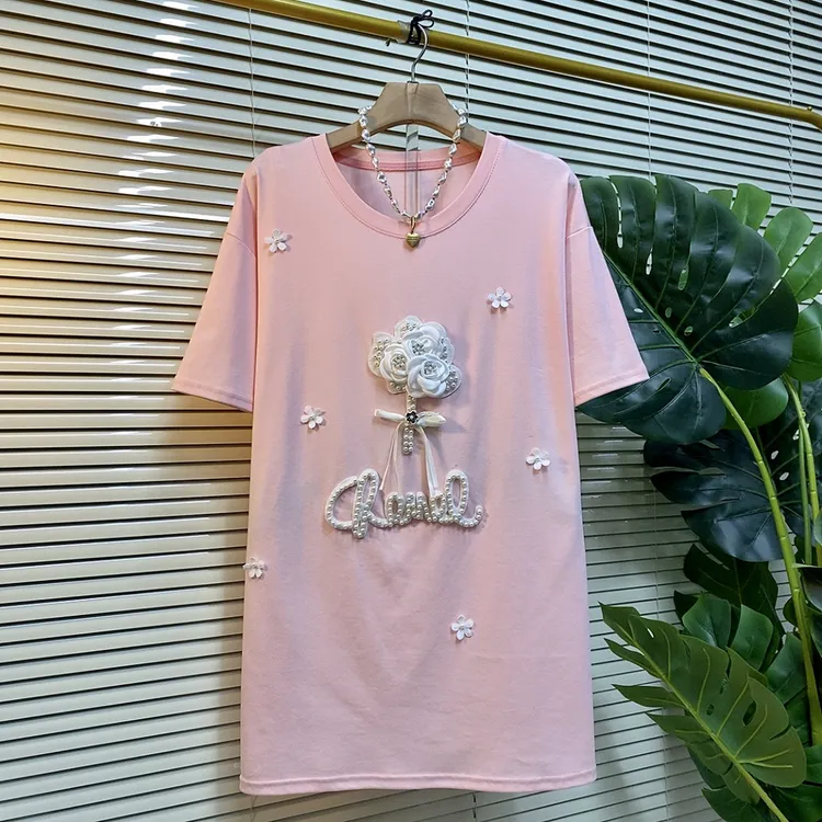 春夏新款大码女装时尚气质立体花束钉珠糖果色T恤