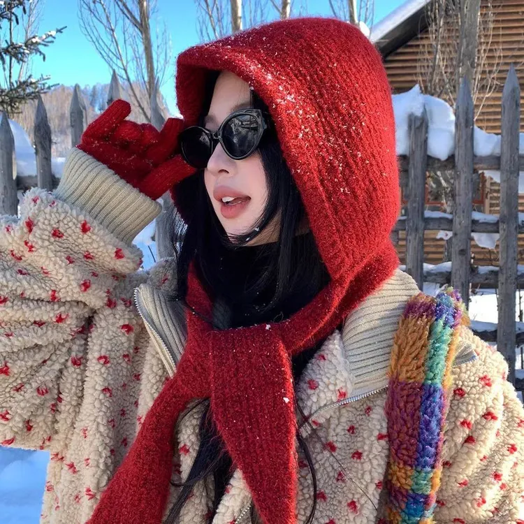红色巴拉克拉法帽女保暖毛线帽子围巾一体围脖针织帽潮冬天毛绒