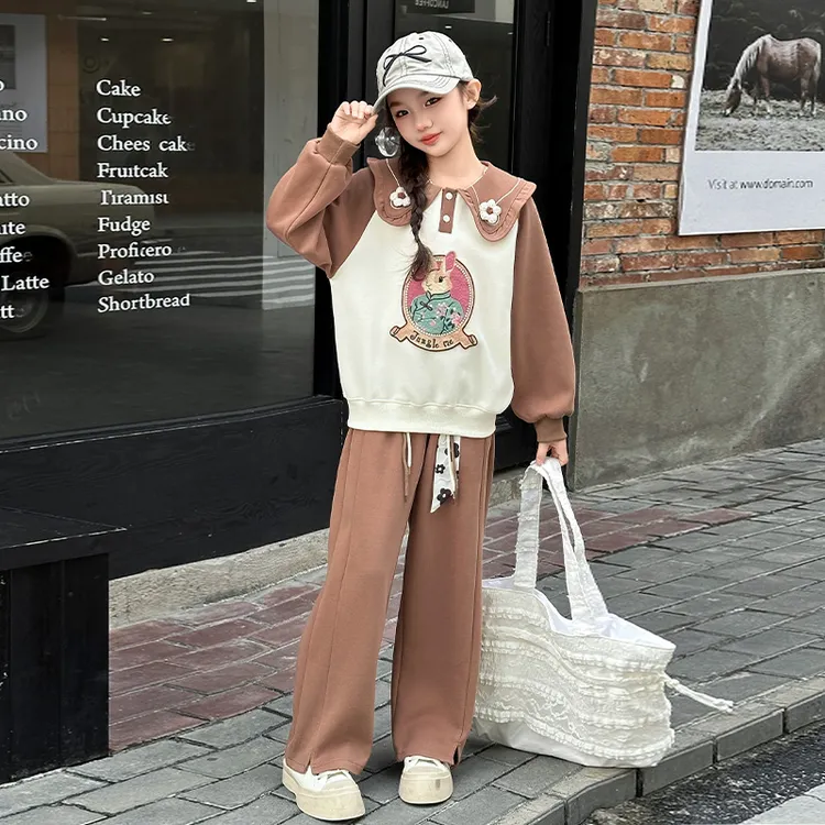 女童卫衣套装春秋款2025新款女大童春装上衣儿童女孩翻领两件套潮