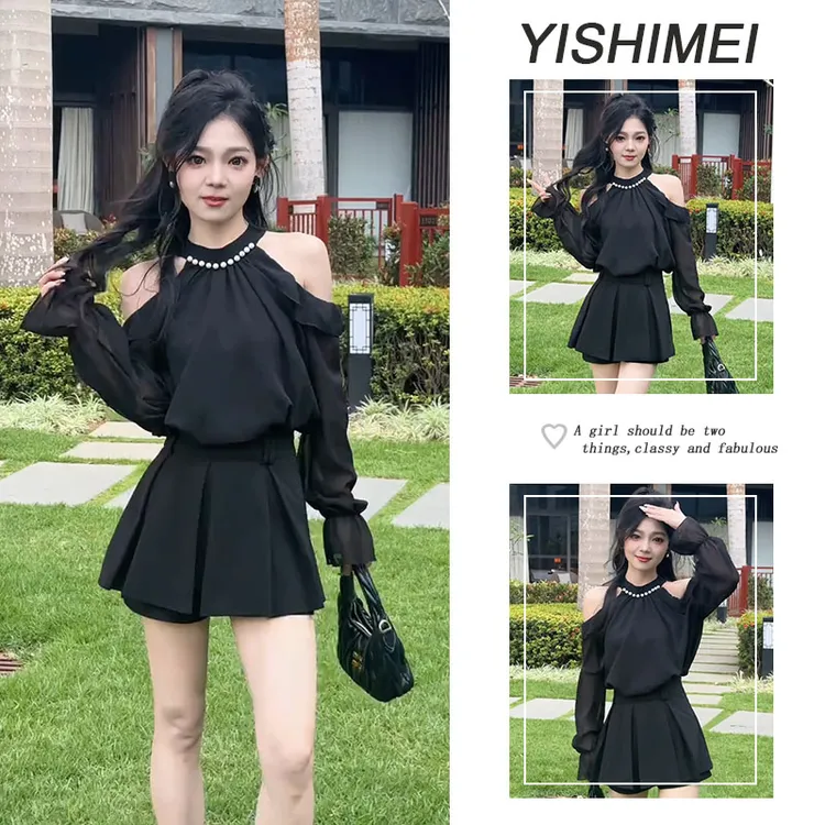 夏季时尚穿搭2025年新款韩系设计感百搭露肩长袖上衣短裙两件套装