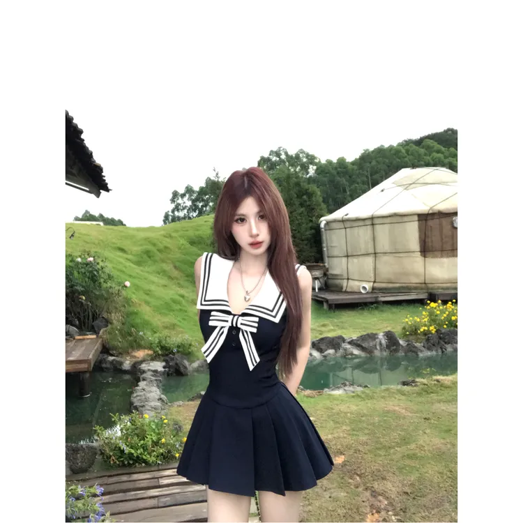 Mejiu蜜九【水手甜韵】甜美收腰无袖学院连衣裙女夏季设计感裙子