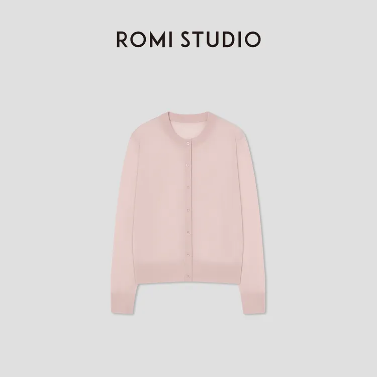 ROMI STUDIO 100%绵羊毛花纱粉色轻薄秋冬长袖针织开衫RWCSST2374