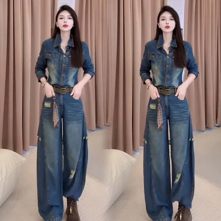 2025秋季新款时尚显瘦气质网红高档套装女高级宽松大码牛仔两件套