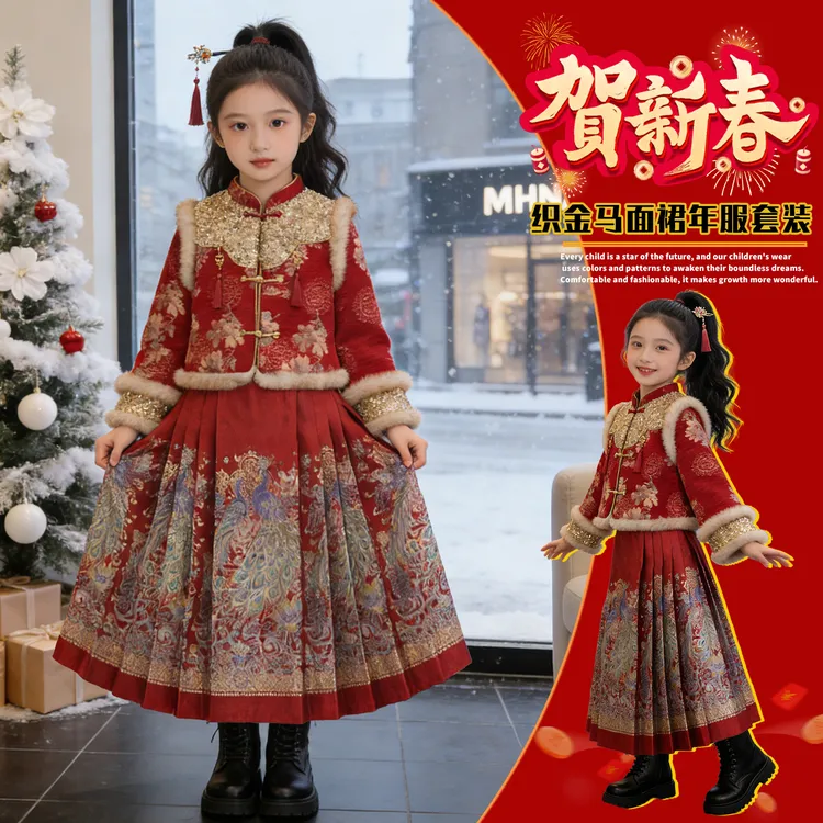 女童加绒马面裙套装中国风刺绣冬装中大童立领盘扣拜年服两件套潮