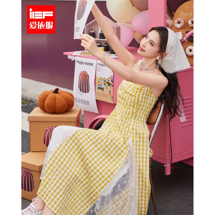 IEF/爱依服2025夏季新款浪漫淑女度假风格子纯欲吊带长裙流光风