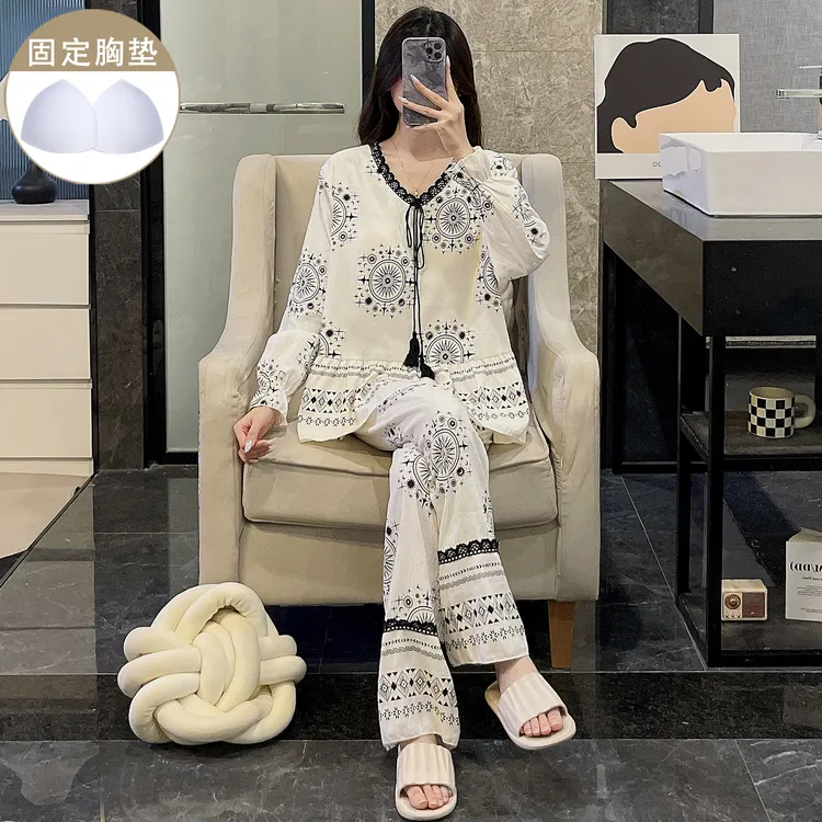 带胸垫睡衣女春秋季宽松长袖流苏几何黑色蕾丝秋冬新款家居服套装
