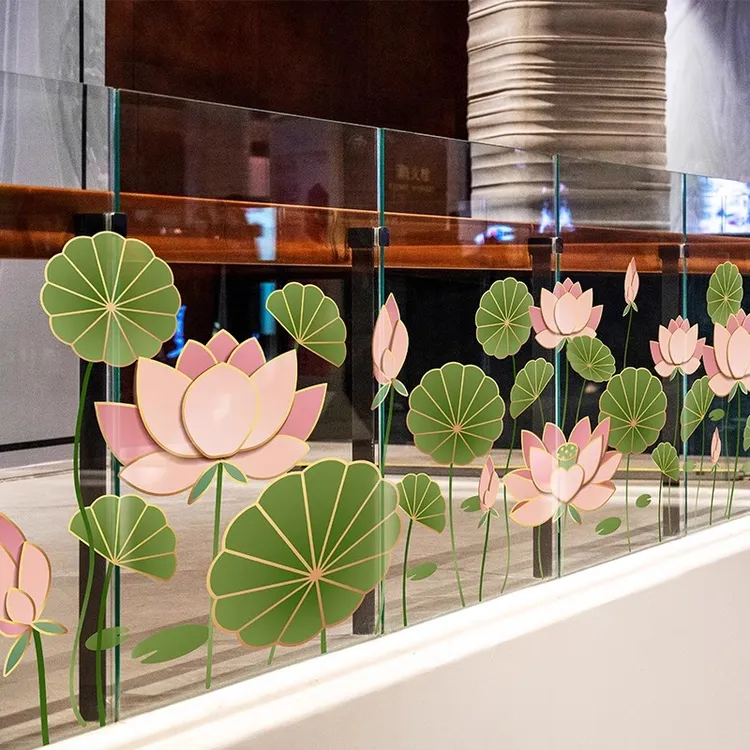  商场围栏布置荷花玻璃贴荷叶荷花夏天氛围橱窗荷塘国风静电贴
