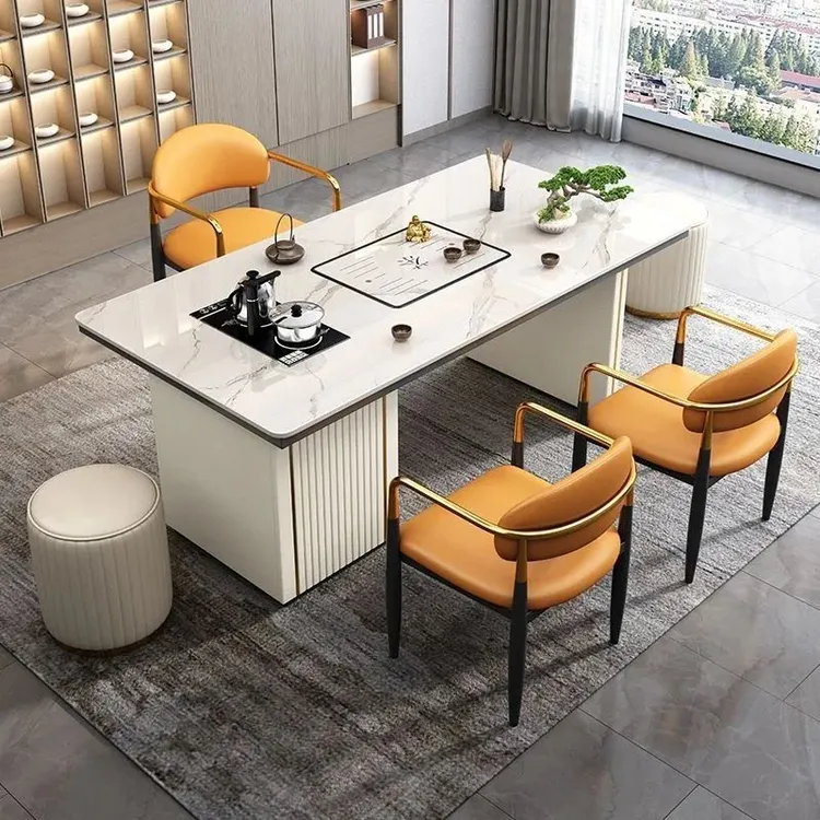 轻奢岩板茶桌椅组合简约现代阳台办公室小茶几烧水壶岩板茶台一体