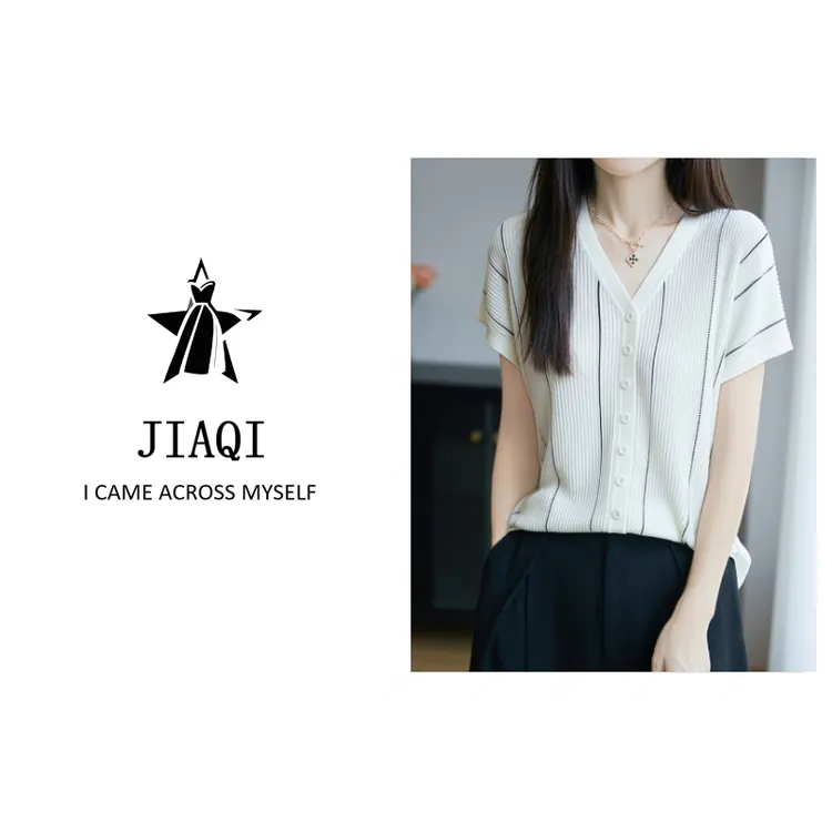 【佳琪高奢】夏季新款透气V领条纹针织短袖女宽松显瘦百搭t恤上衣