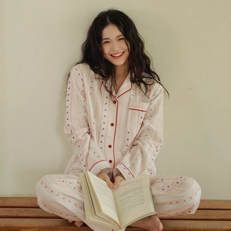 【段姐家居服】全棉磨毛爱心翻领长袖长裤睡衣翻领款春秋简约甜美