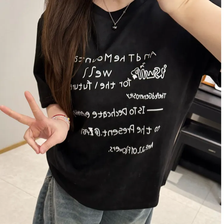 早夏季新款韩系厚款仿麂皮正肩显瘦字母印花黑色t恤大码女装301