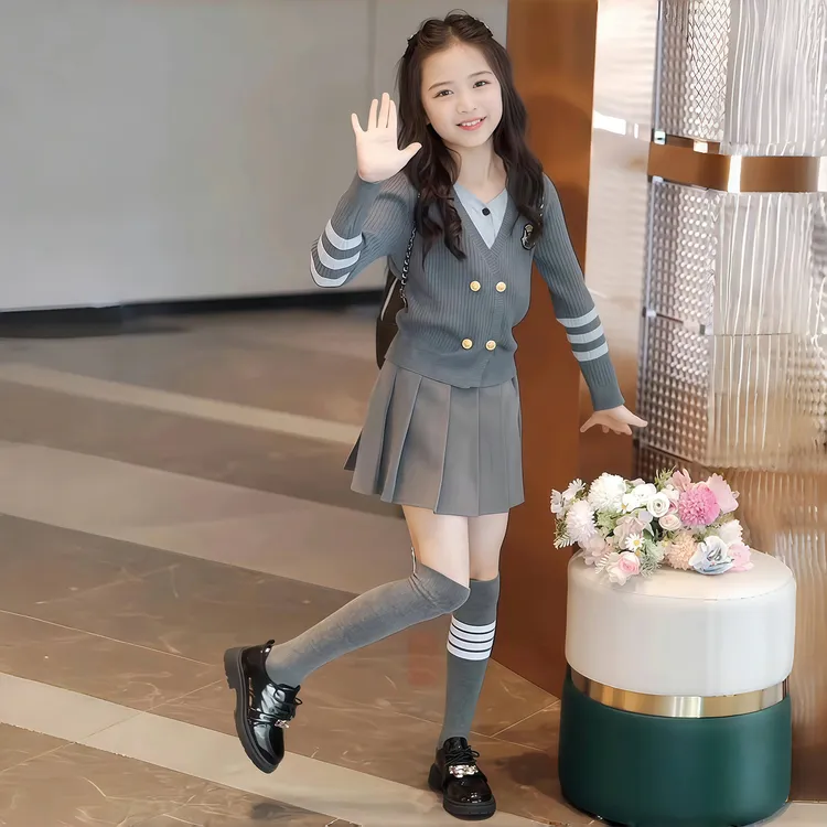 女童套装春秋款2025新款儿童学院风jk女孩秋季假两件针织开衫外套