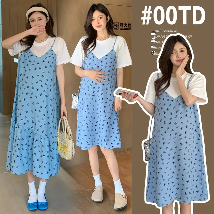 孕妇装连衣裙网红夏装新款时尚宽松显瘦雪纺假两件大码拼接中长裙