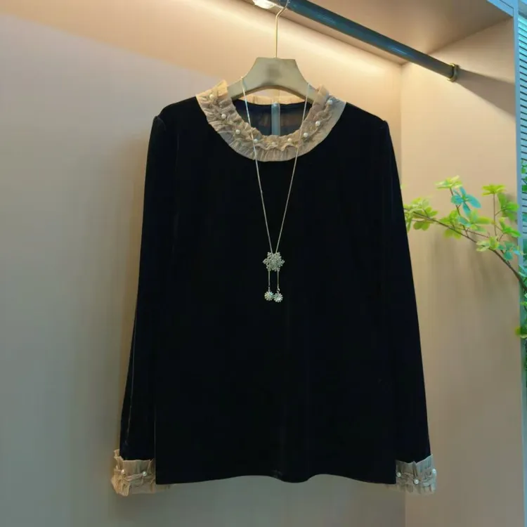 新款时尚钉珠花边领拼接长袖丝绒显瘦气质打底上衣（衣长63左右）