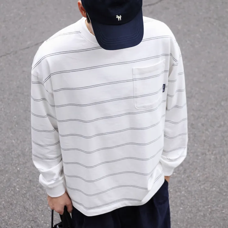 neat pocket 25AW纯棉320g重磅精梳棉色织拼接条纹长袖